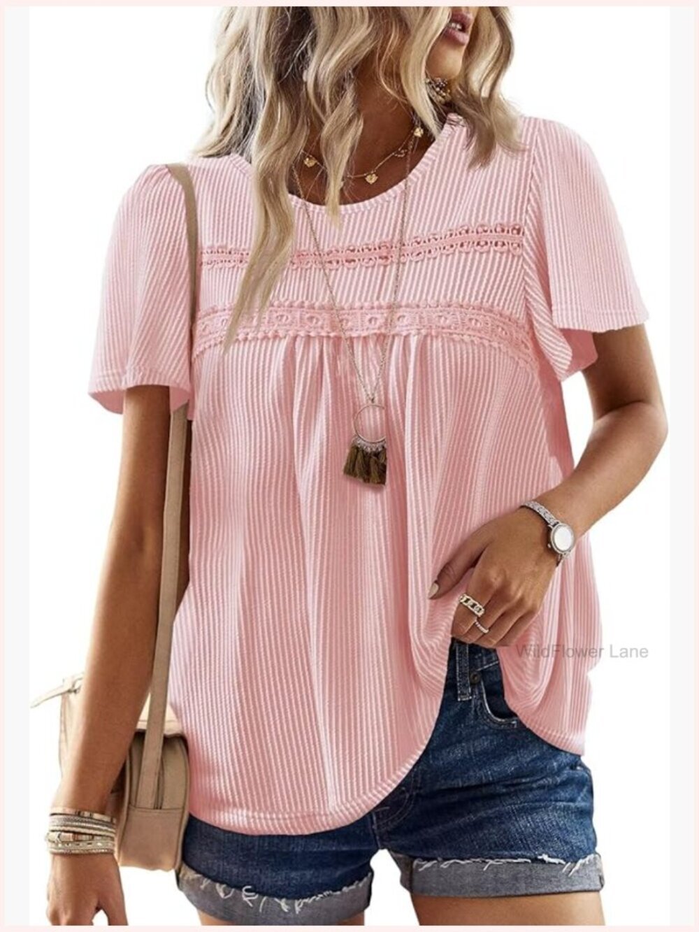 Crewneck Short Sleeve Striped Tunic Blouse Flowy Boho Summer Top